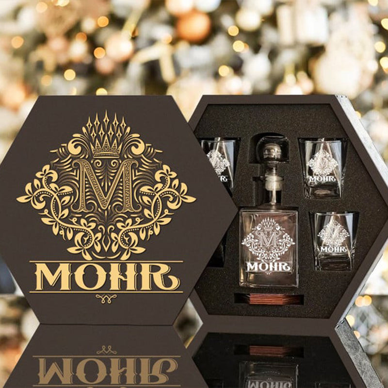 MOHR - WHISKEY SET (Wooden box + Decanter + 4 Glasses + 4 Coasters)