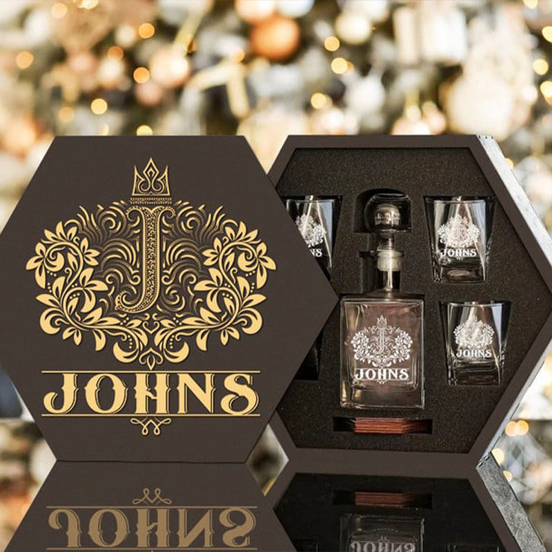 JOHNS - WHISKEY SET (Wooden box + Decanter + 4 Glasses + 4 Coasters)