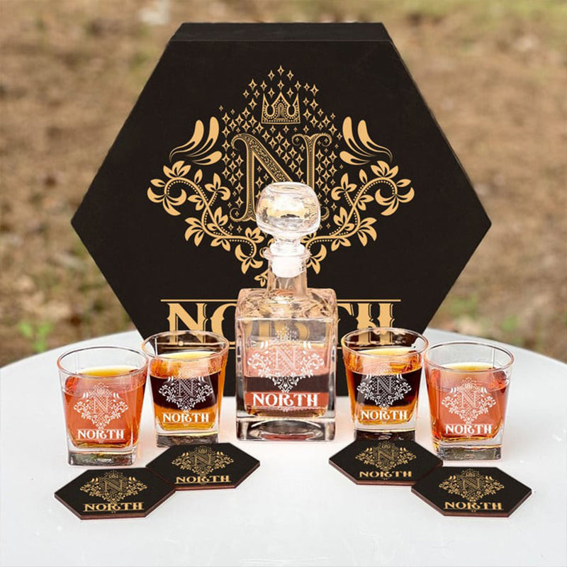 NORTH - WHISKEY SET (Wooden box + Decanter + 4 Glasses + 4 Coasters)