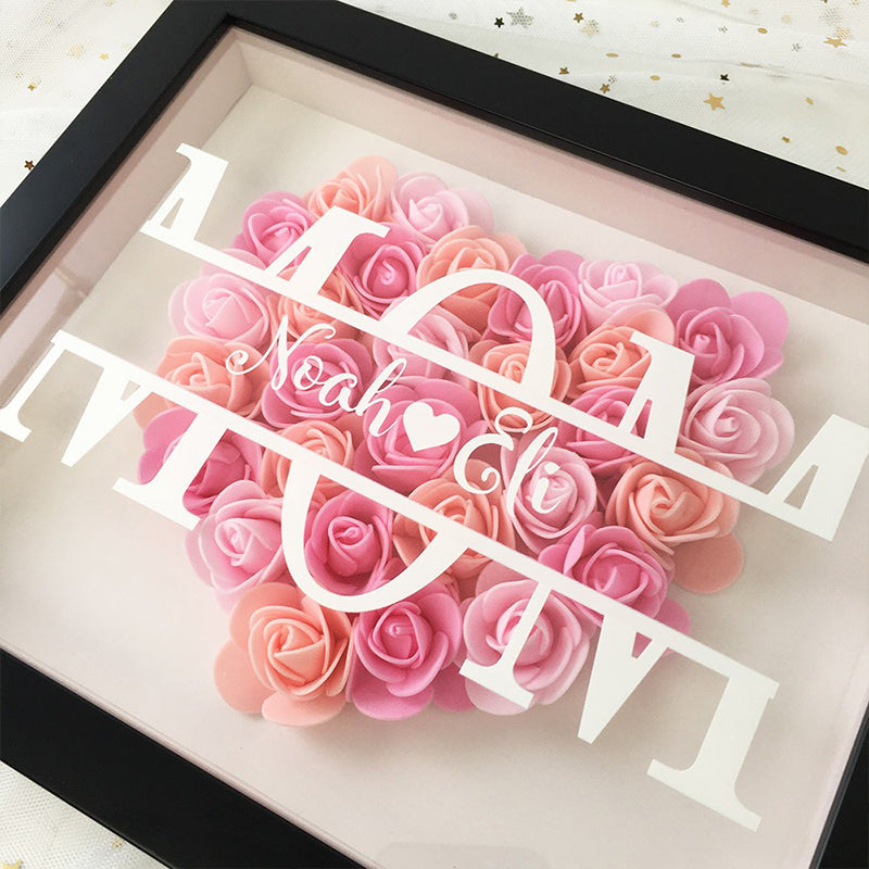 Personalized Flower Heart Shadow Box , Custom Name Rose Frame , Flower Shadowbox For Mom