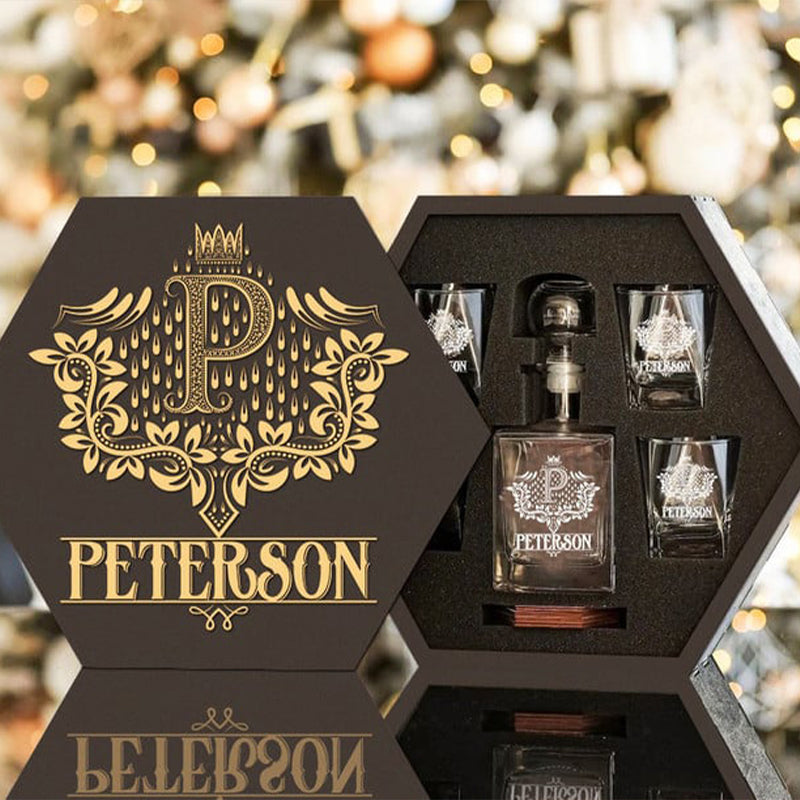 PETERSON - WHISKEY SET (Wooden box + Decanter + 4 Glasses + 4 Coasters)
