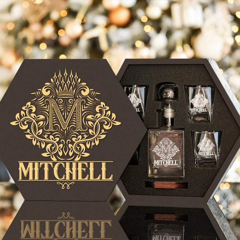 MITCHELL - WHISKEY SET (Wooden box + Decanter + 4 Glasses + 4 Coasters)
