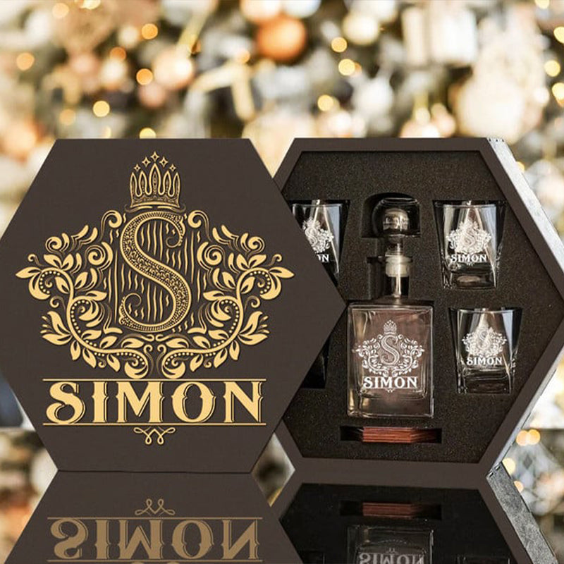 SIMON - WHISKEY SET (Wooden box + Decanter + 4 Glasses + 4 Coasters)