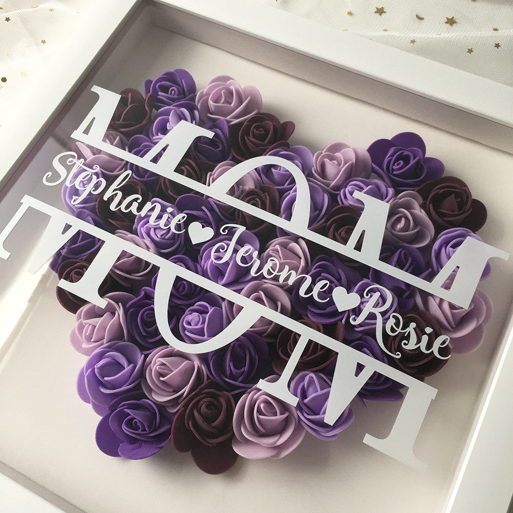 Personalized Flower Heart Shadow Box , Custom Name Rose Frame , Flower Shadowbox For Mom