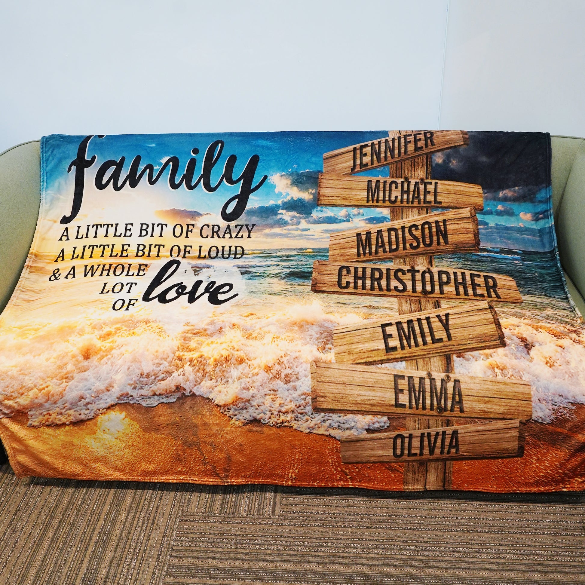 💖For Family Blanket👨‍👩‍👦‍👦Ocean Sunset Color A Little Whole Lot of Love Multi-Names Blanket