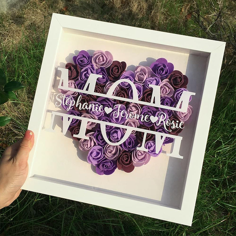 Personalized Flower Heart Shadow Box , Custom Name Rose Frame , Flower Shadowbox For Mom
