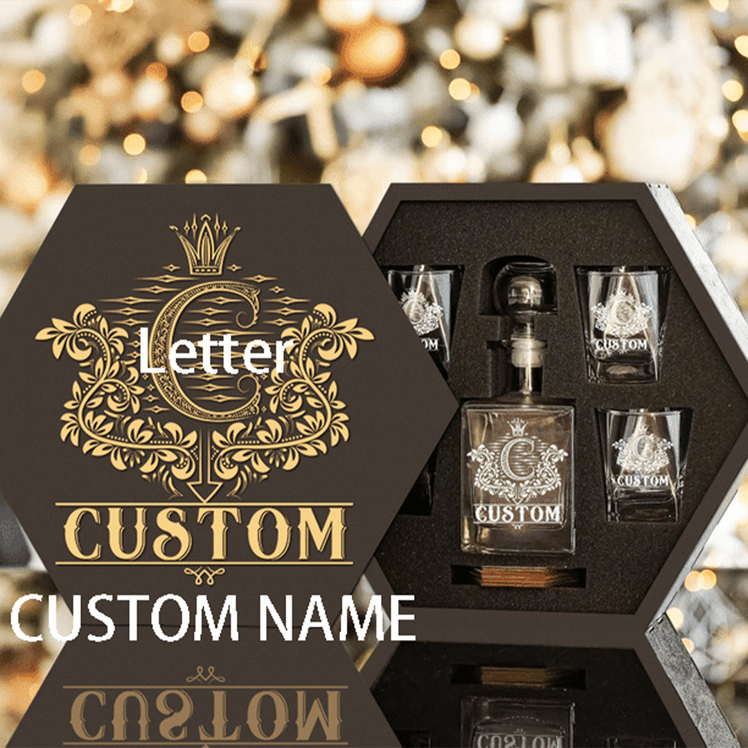 CUSTOM NAME - WHISKEY SET (Wooden box + Decanter + 4 Glasses + 4 Coasters)