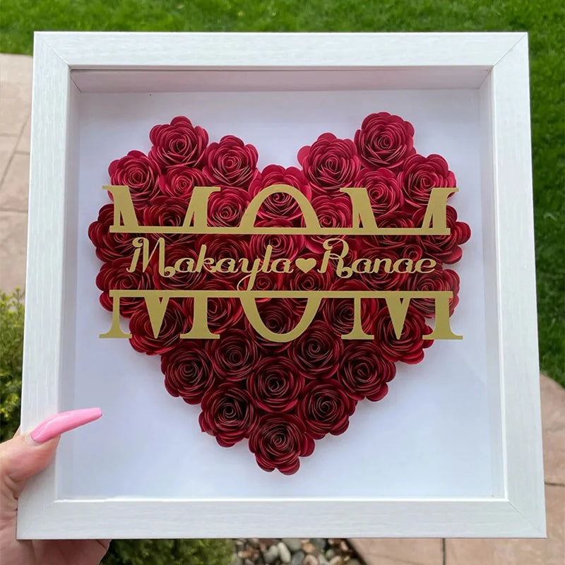 Personalized Flower Heart Shadow Box , Custom Name Rose Frame , Flower Shadowbox For Mom