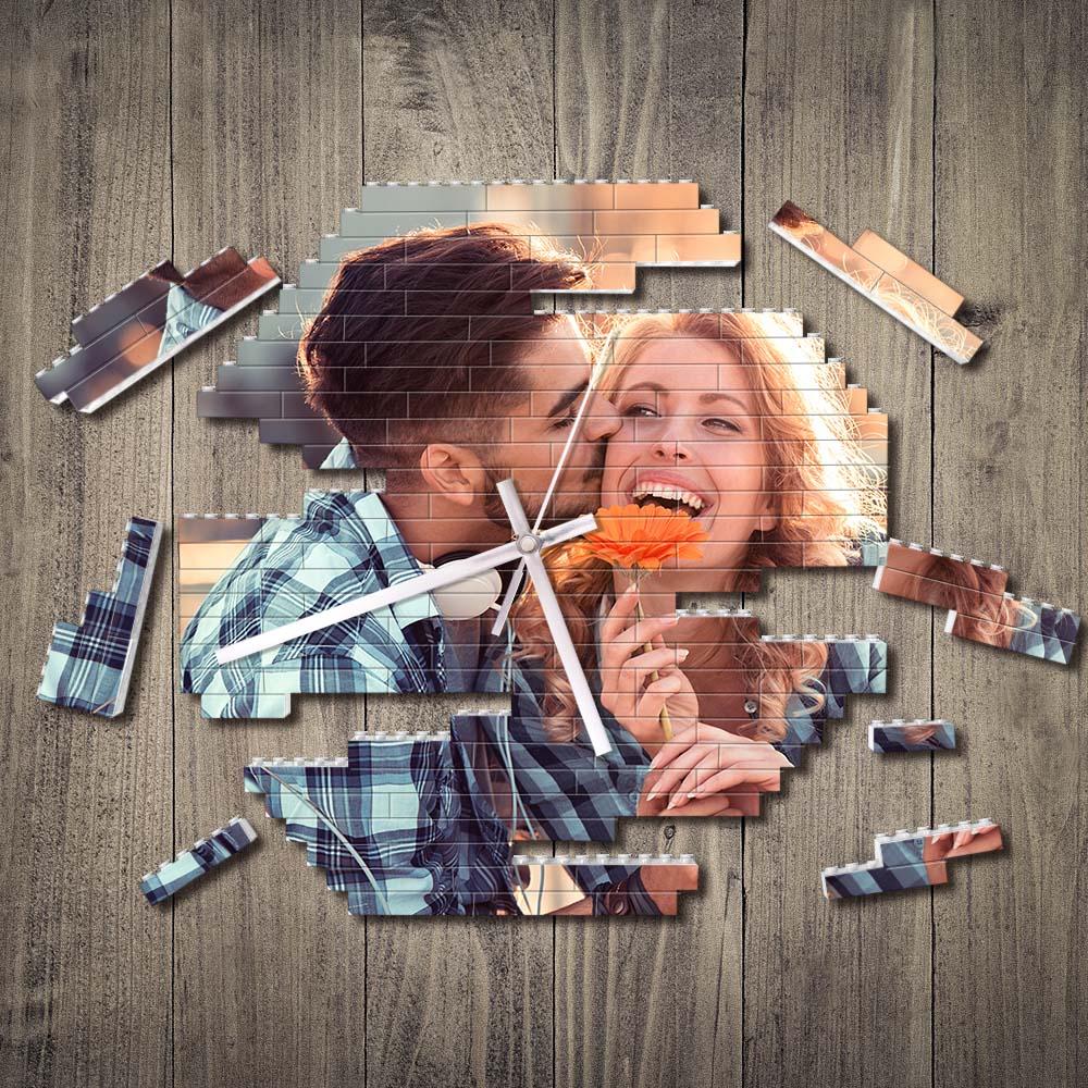 Custom Building Blocks Wall Clock Personalized Puzzle Custom Photo Brick Clock Couple Gift