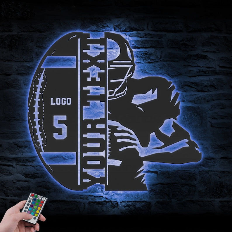 Custom Ball American Football Metal Wall Art LED Light Personalized Player Name Sign Home Decor Kid Nursery Decoration Birthday Xmas Gift