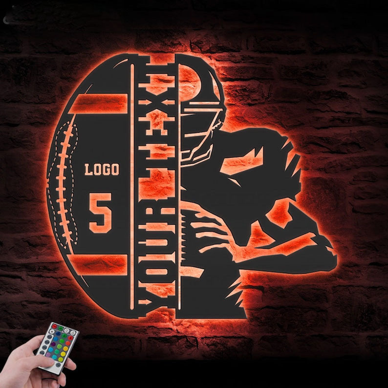 Custom Ball American Football Metal Wall Art LED Light Personalized Player Name Sign Home Decor Kid Nursery Decoration Birthday Xmas Gift