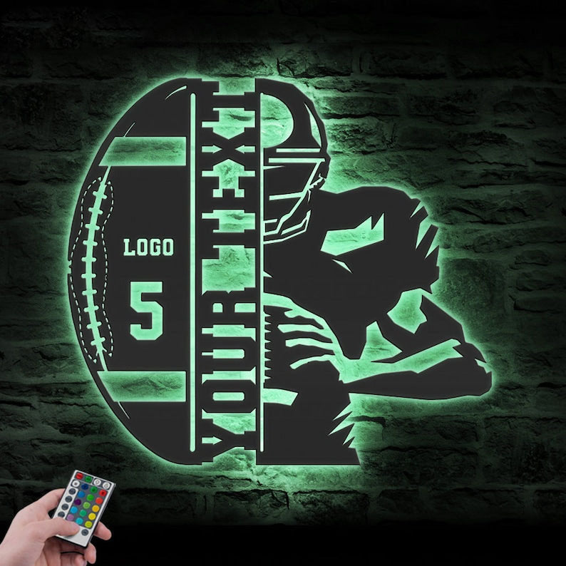 Custom Ball American Football Metal Wall Art LED Light Personalized Player Name Sign Home Decor Kid Nursery Decoration Birthday Xmas Gift