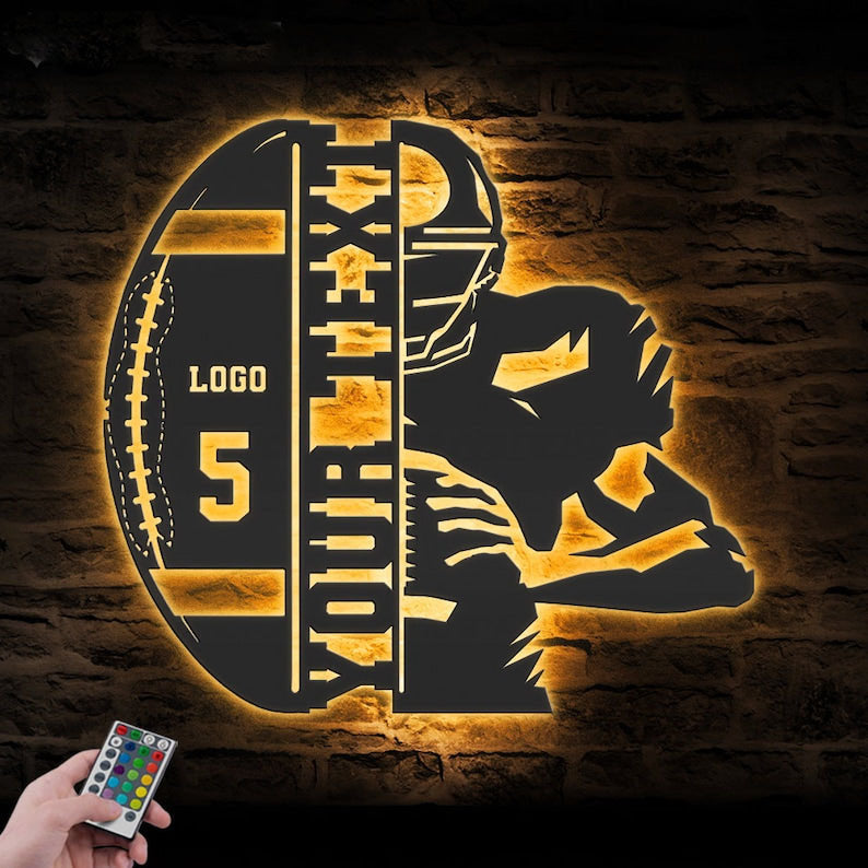 Custom Ball American Football Metal Wall Art LED Light Personalized Player Name Sign Home Decor Kid Nursery Decoration Birthday Xmas Gift