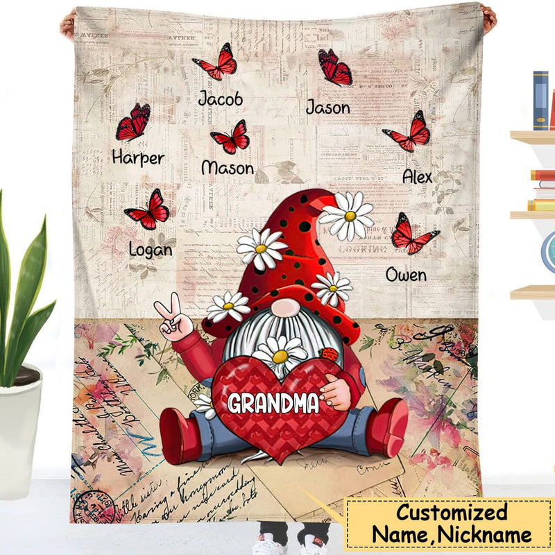 💖For Mom Blanket👩Lovely Grandma - Mom Red Gnome Loves Sweet Heart Kids,Personalized Blanket
