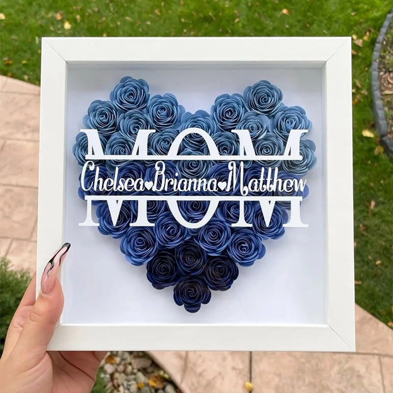 Personalized Flower Heart Shadow Box , Custom Name Rose Frame , Flower Shadowbox For Mom