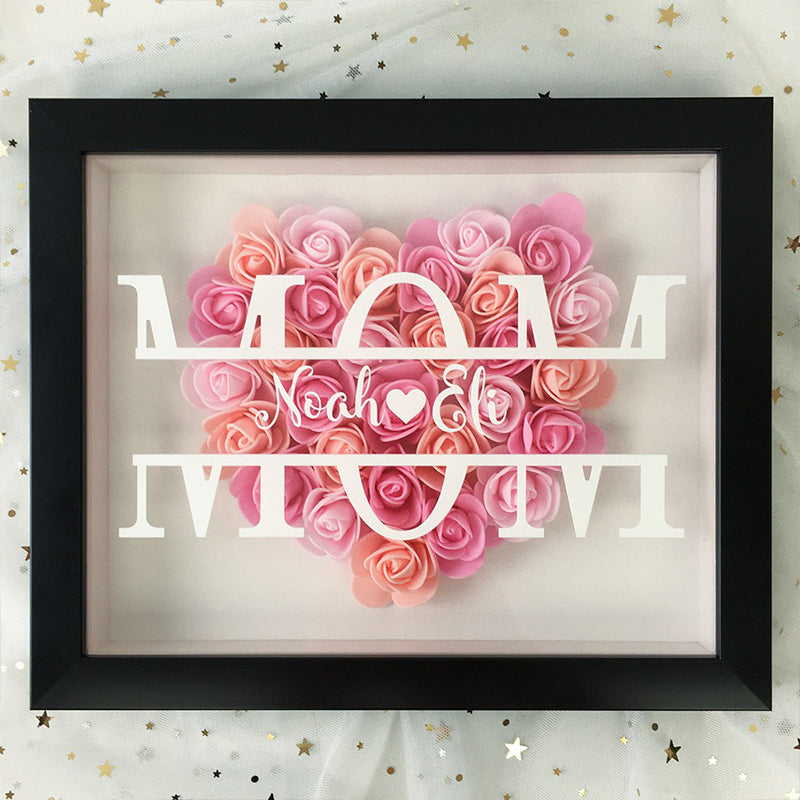 Personalized Flower Heart Shadow Box , Custom Name Rose Frame , Flower Shadowbox For Mom