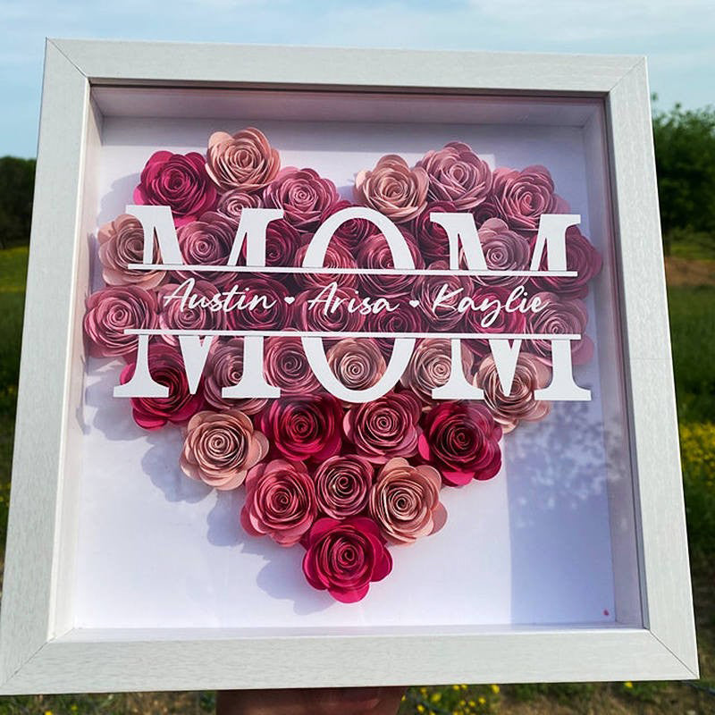 Personalized Flower Heart Shadow Box , Custom Name Rose Frame , Flower Shadowbox For Mom