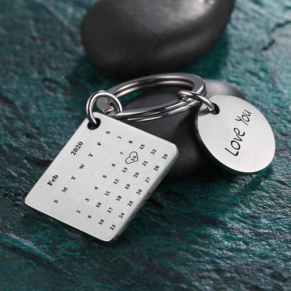 Custom Photo Engraved Calendar Silver Keyring Key Chain | Best Anniversary Gift