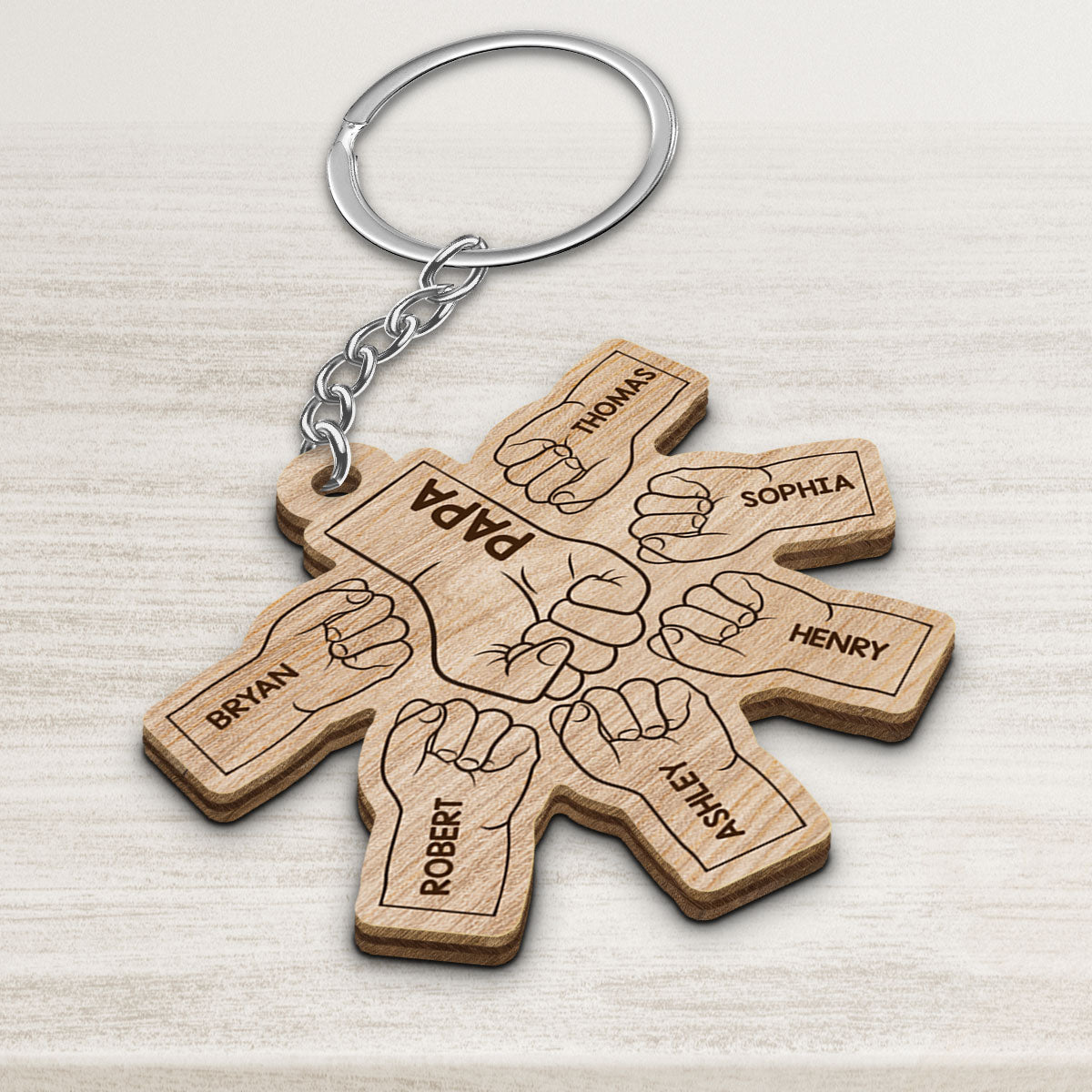 Dad Grandpa And Kids Fist Bump Hands Wooden Keychain