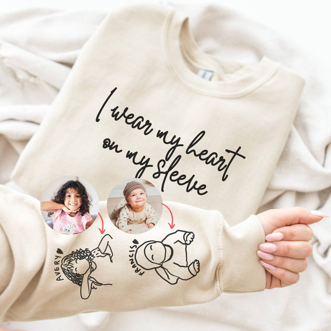 I Wear My Heart On My Sleeve Sweatshirt or Hoodie: A Custom Mama Sweatshirt with Children Portrait & Name on Sleeve, Mother's Day Mom Gift