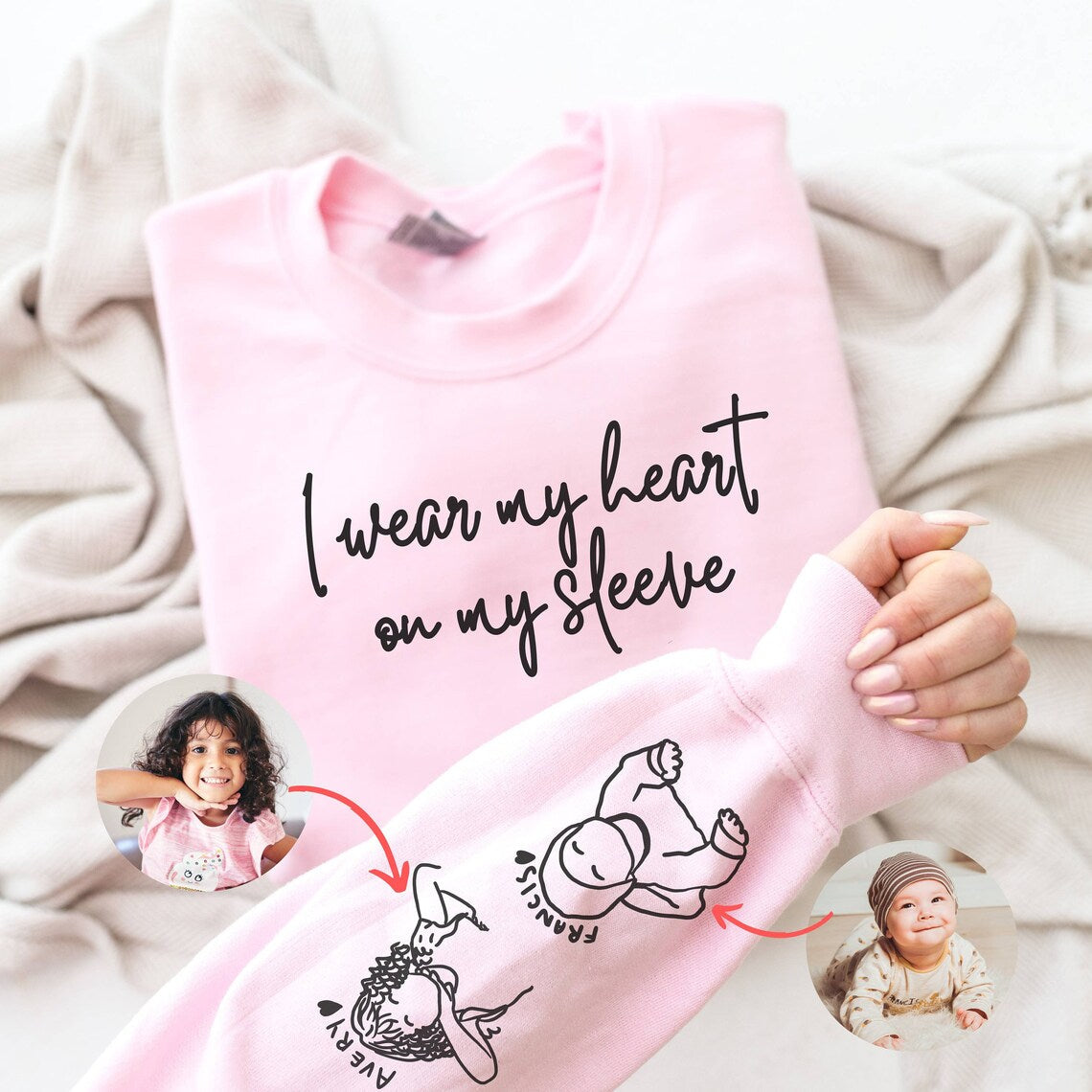 I Wear My Heart On My Sleeve Sweatshirt or Hoodie: A Custom Mama Sweatshirt with Children Portrait & Name on Sleeve, Mother's Day Mom Gift