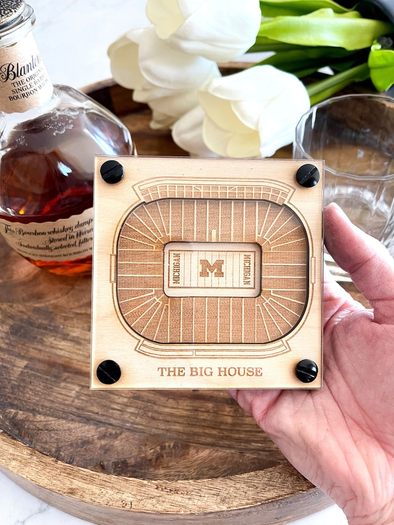 University of Michigan Layered Coaster, 3D Wood Coaster, Sports Coaster, Sports Gift, Football Gift, Man Cave, Sports Fan Gift