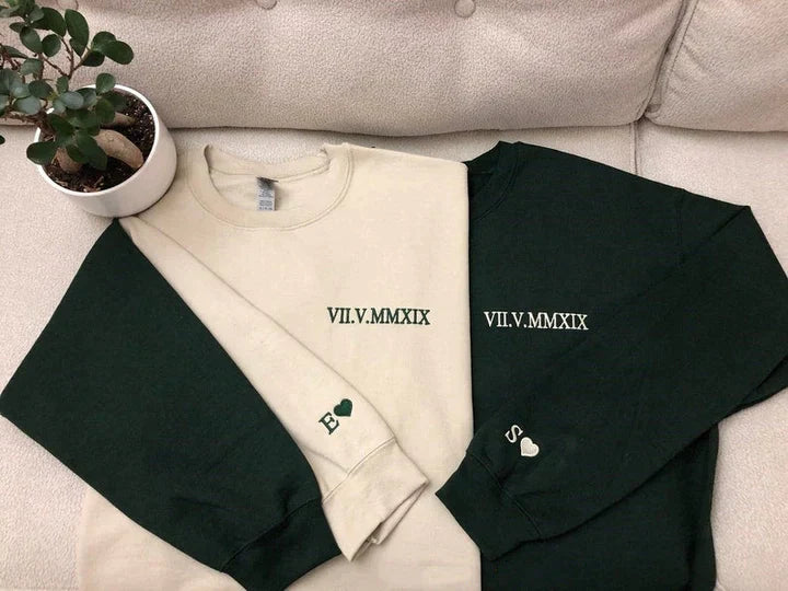 Custom Embroidered Roman Numeral Date Couple's Sweatshirt - Buy 2 Get Free Shipping