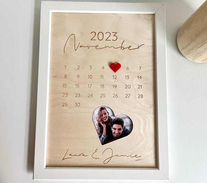 Calendar with date made of wood with name engraving - gift for Valentine's Day