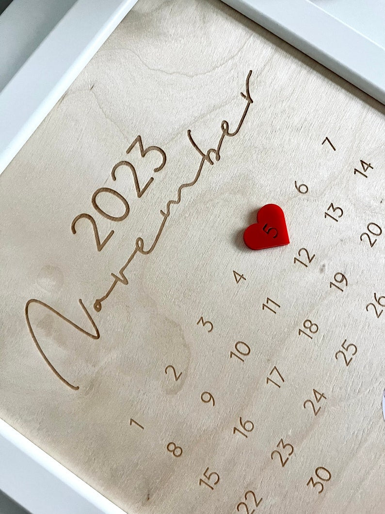 Calendar with date made of wood with name engraving - gift for Valentine's Day