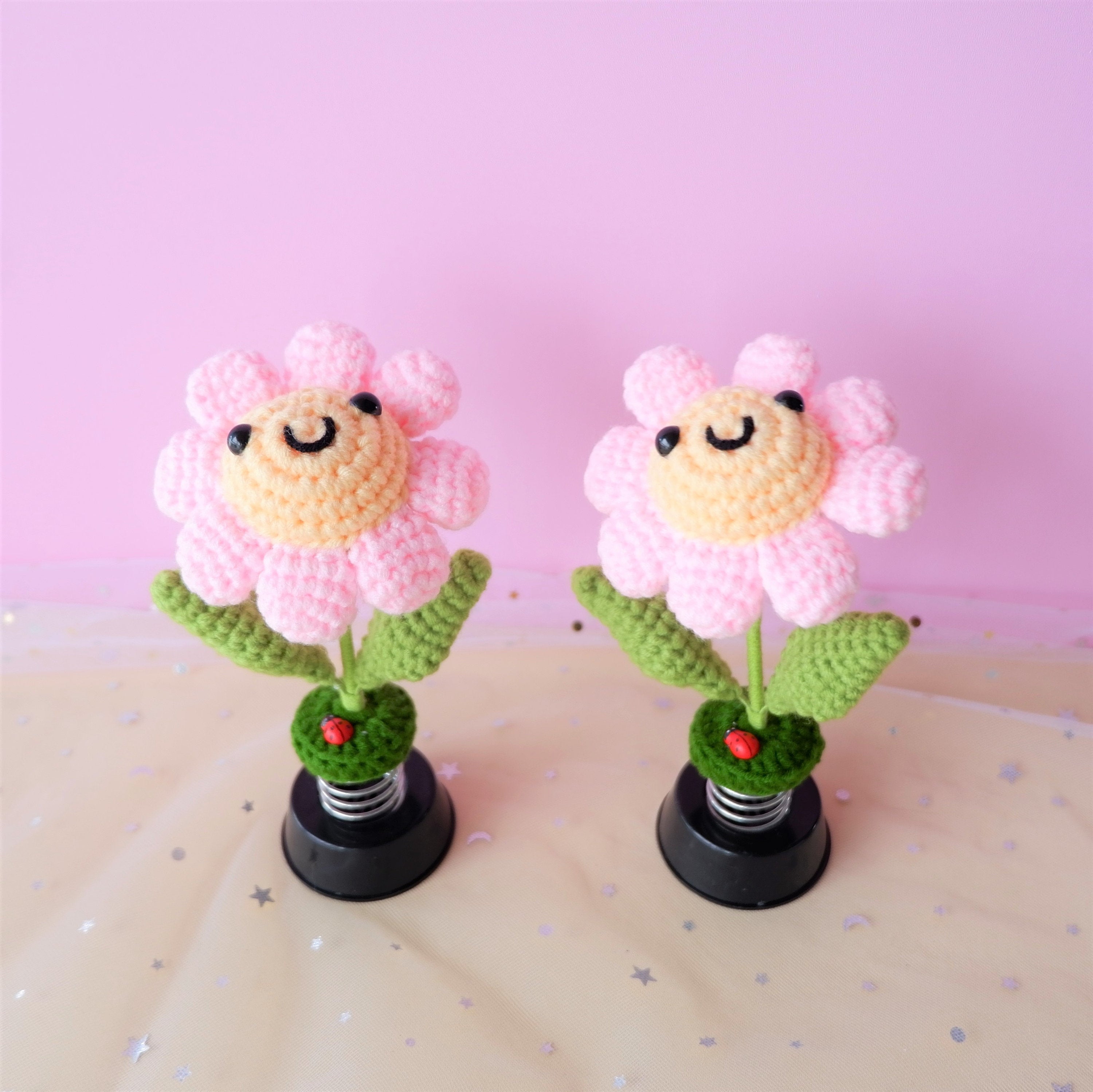 Crochet Car Accessories sunflower smiley face shaking head flower beetle decor Dashboard Decorations