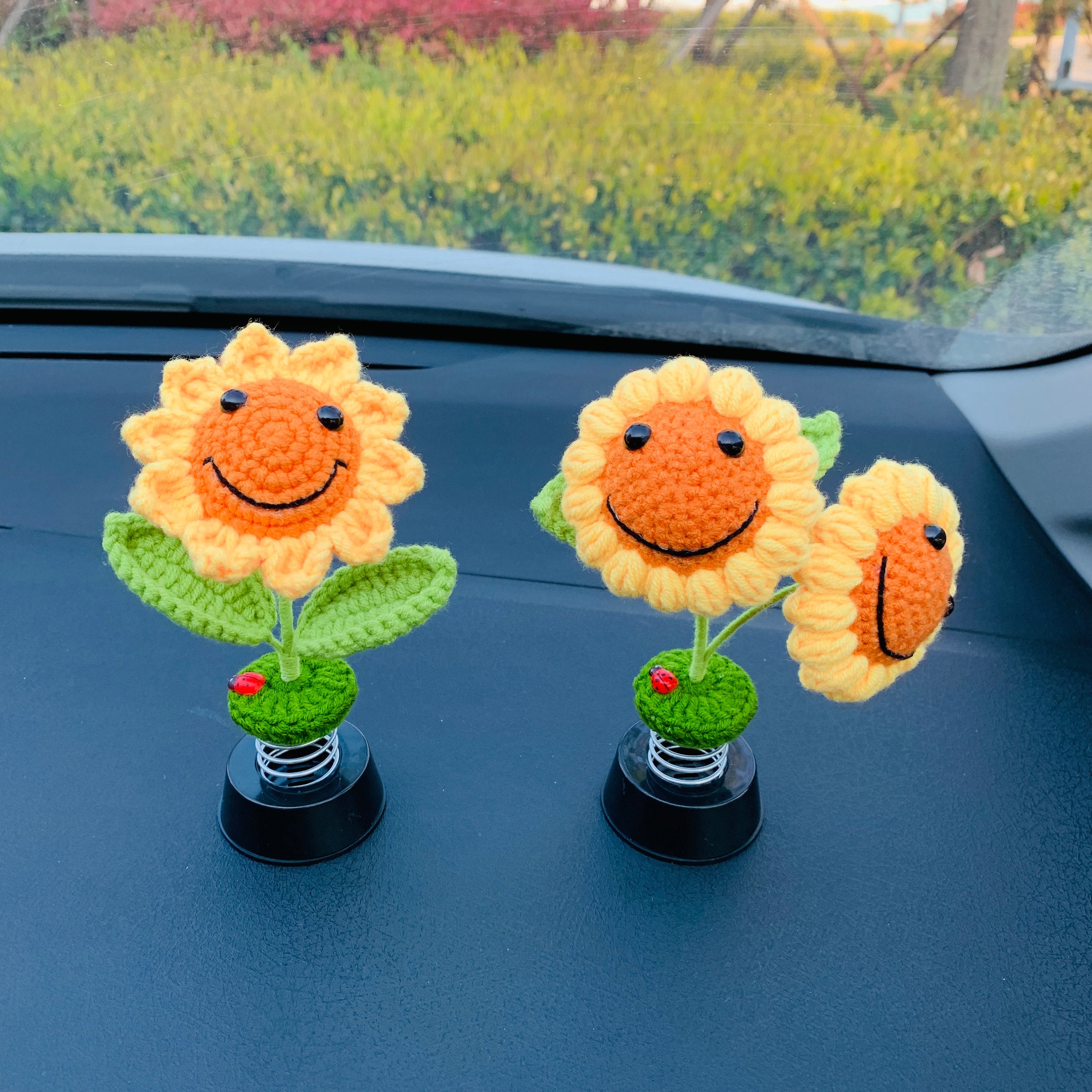Crochet Car Accessories sunflower smiley face shaking head flower beetle decor Dashboard Decorations