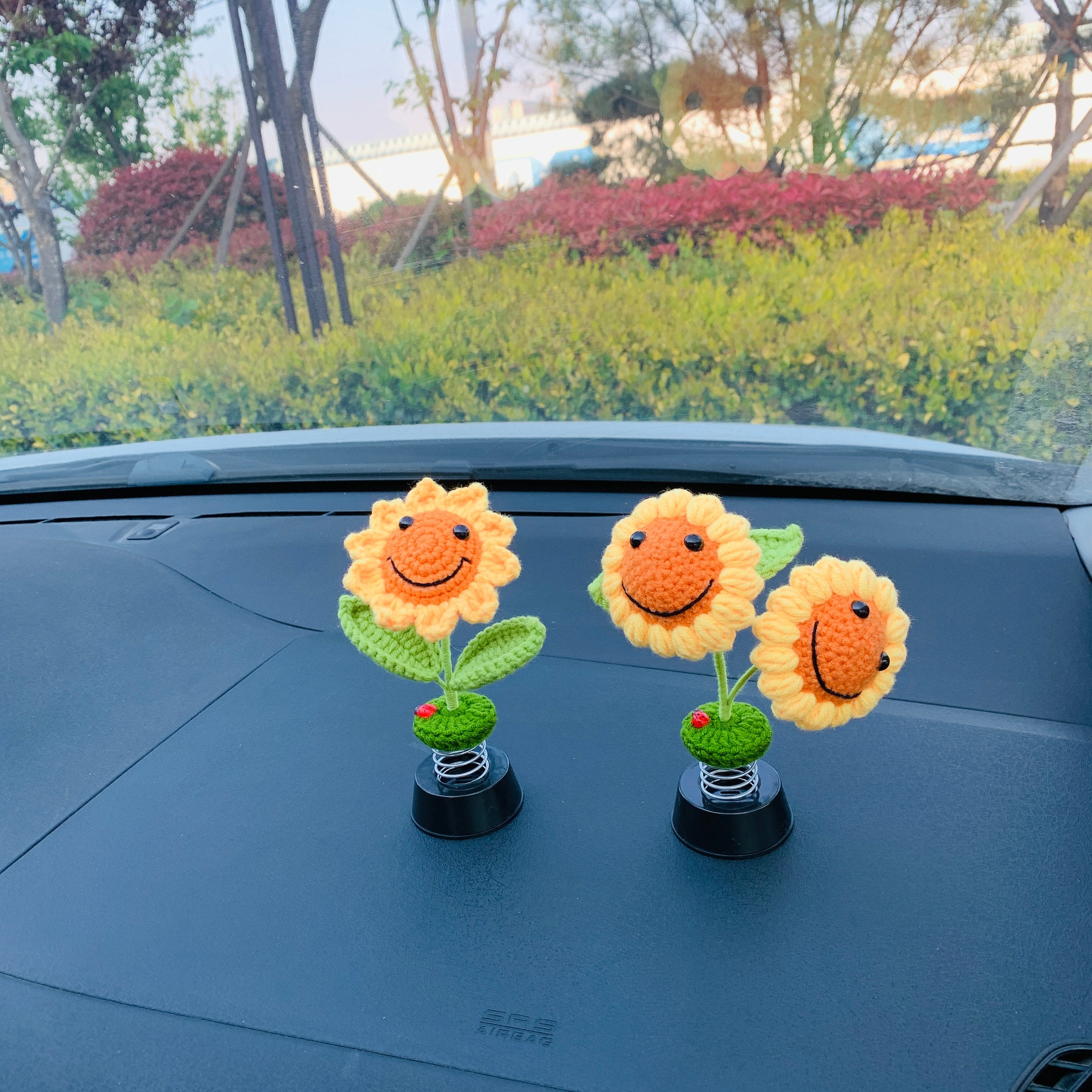 Crochet Car Accessories sunflower smiley face shaking head flower beetle decor Dashboard Decorations