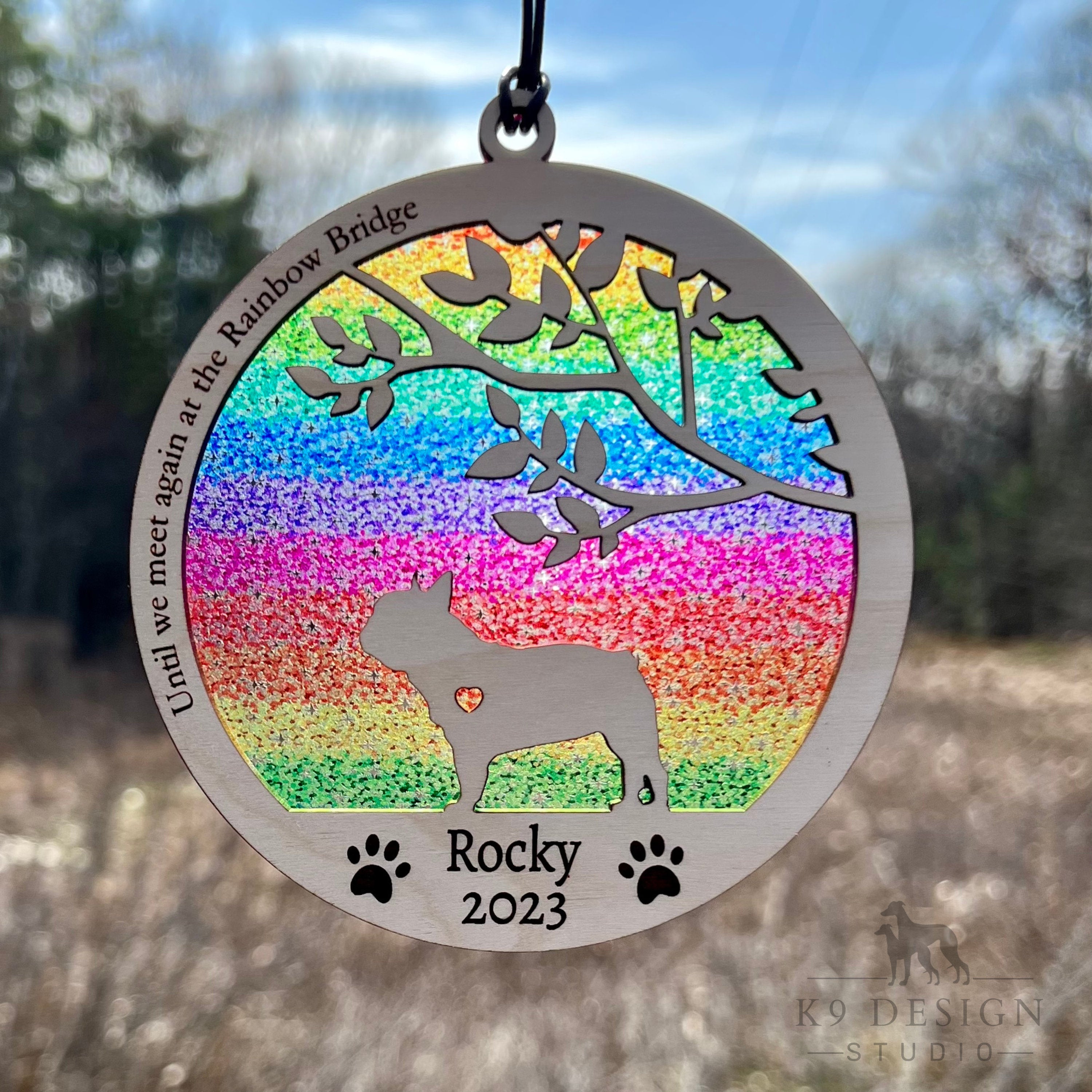 Dog Memorial Suncatcher, Rainbow Bridge, Personalized with dog breed, name and date, Available in all breeds