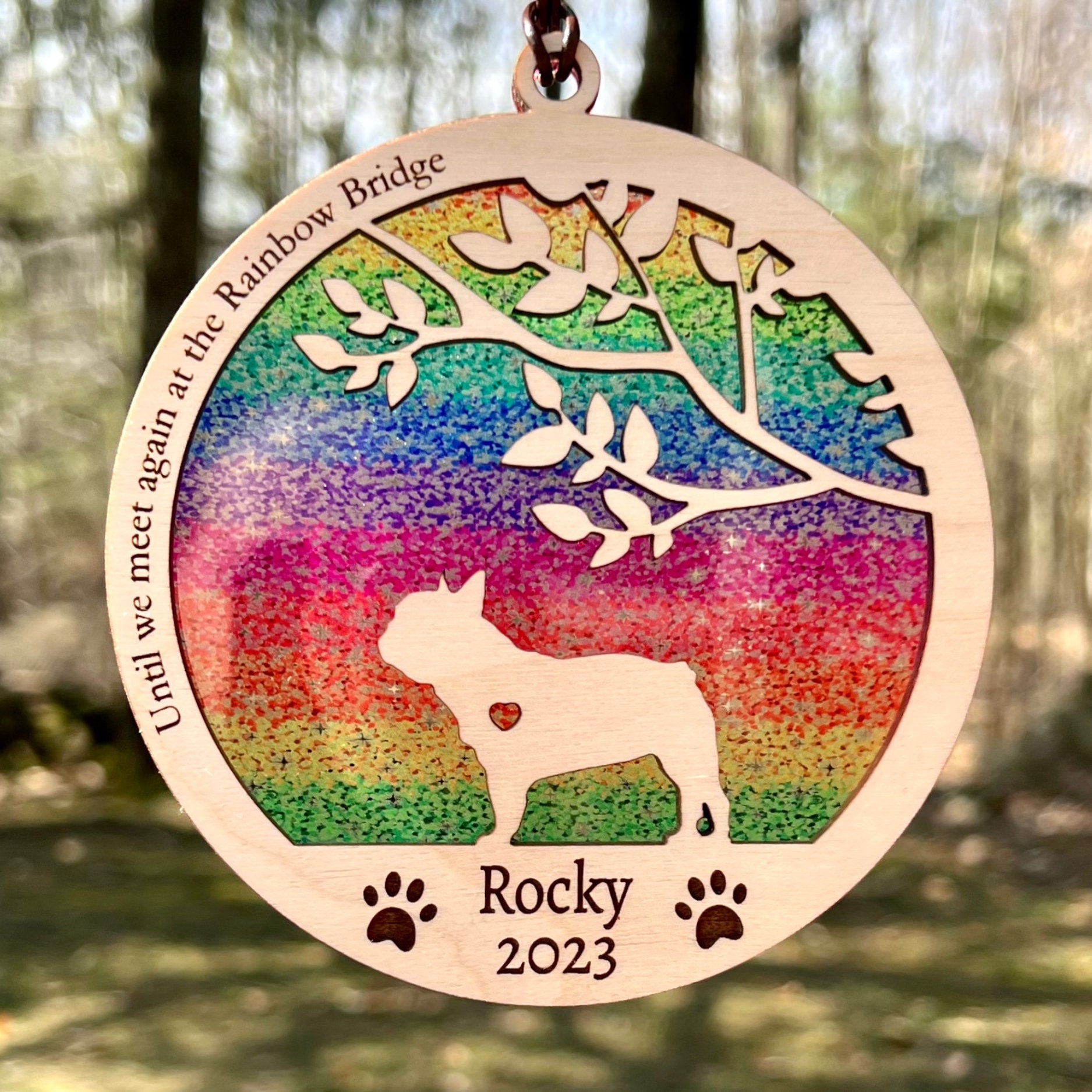Dog Memorial Suncatcher, Rainbow Bridge, Personalized with dog breed, name and date, Available in all breeds