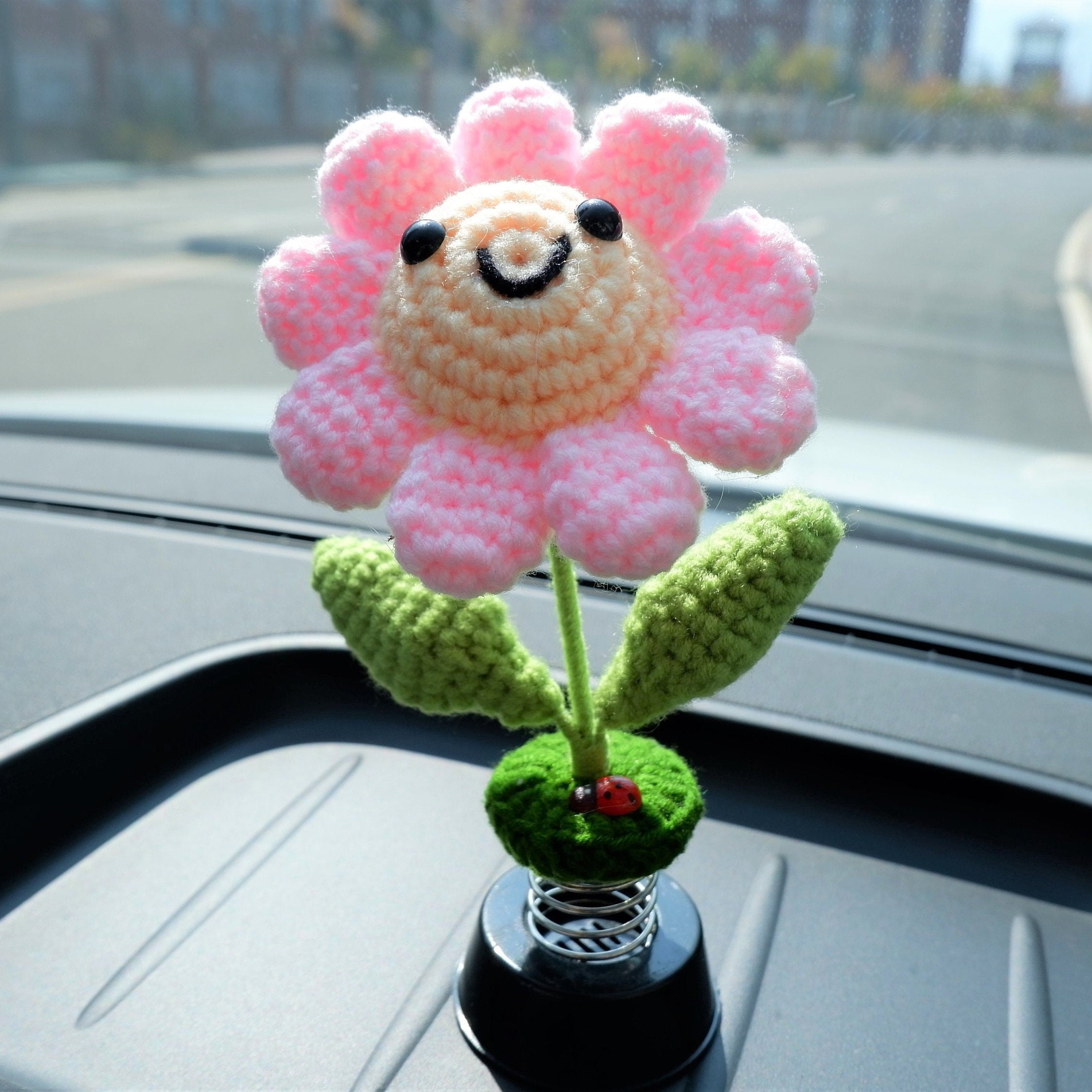 Crochet Car Accessories sunflower smiley face shaking head flower beetle decor Dashboard Decorations