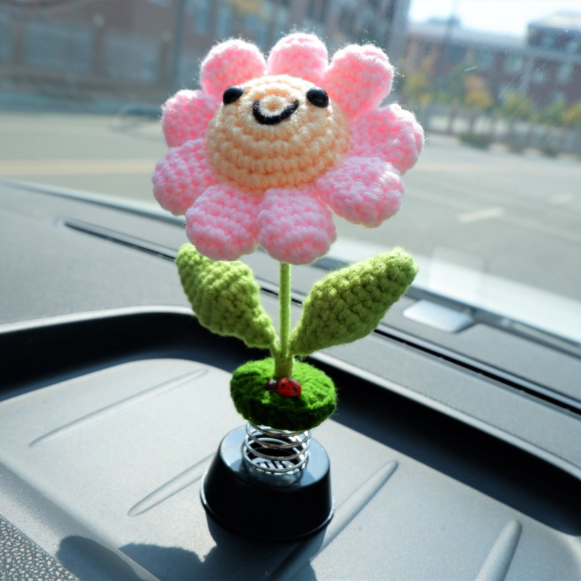 Crochet Car Accessories sunflower smiley face shaking head flower beetle decor Dashboard Decorations