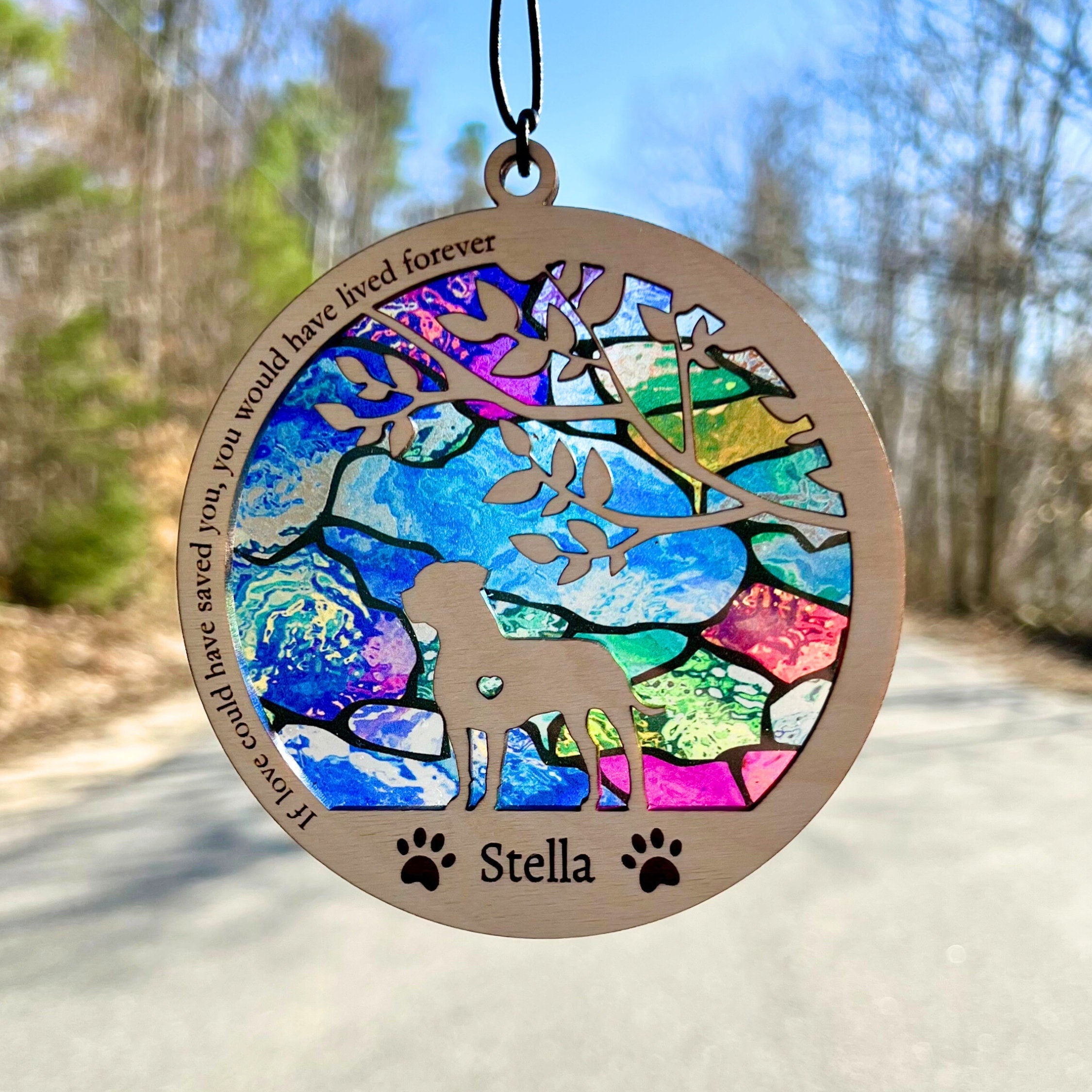Dog Memorial Suncatcher, Personalized with dog breed, name and date, Available in all breeds