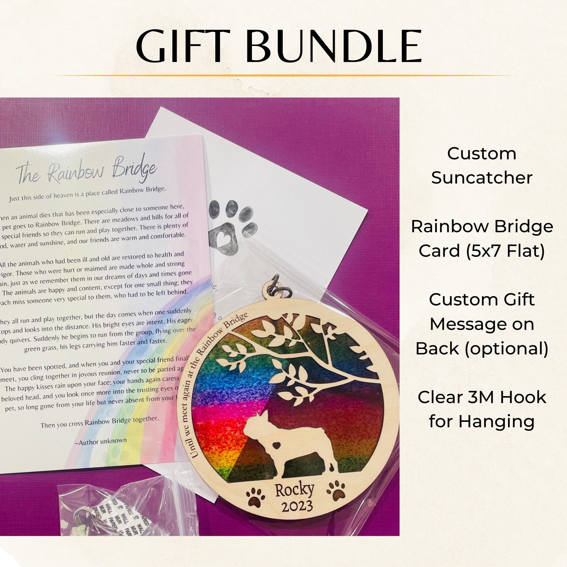 Dog Memorial Suncatcher, Rainbow Bridge, Personalized with dog breed, name and date, Available in all breeds
