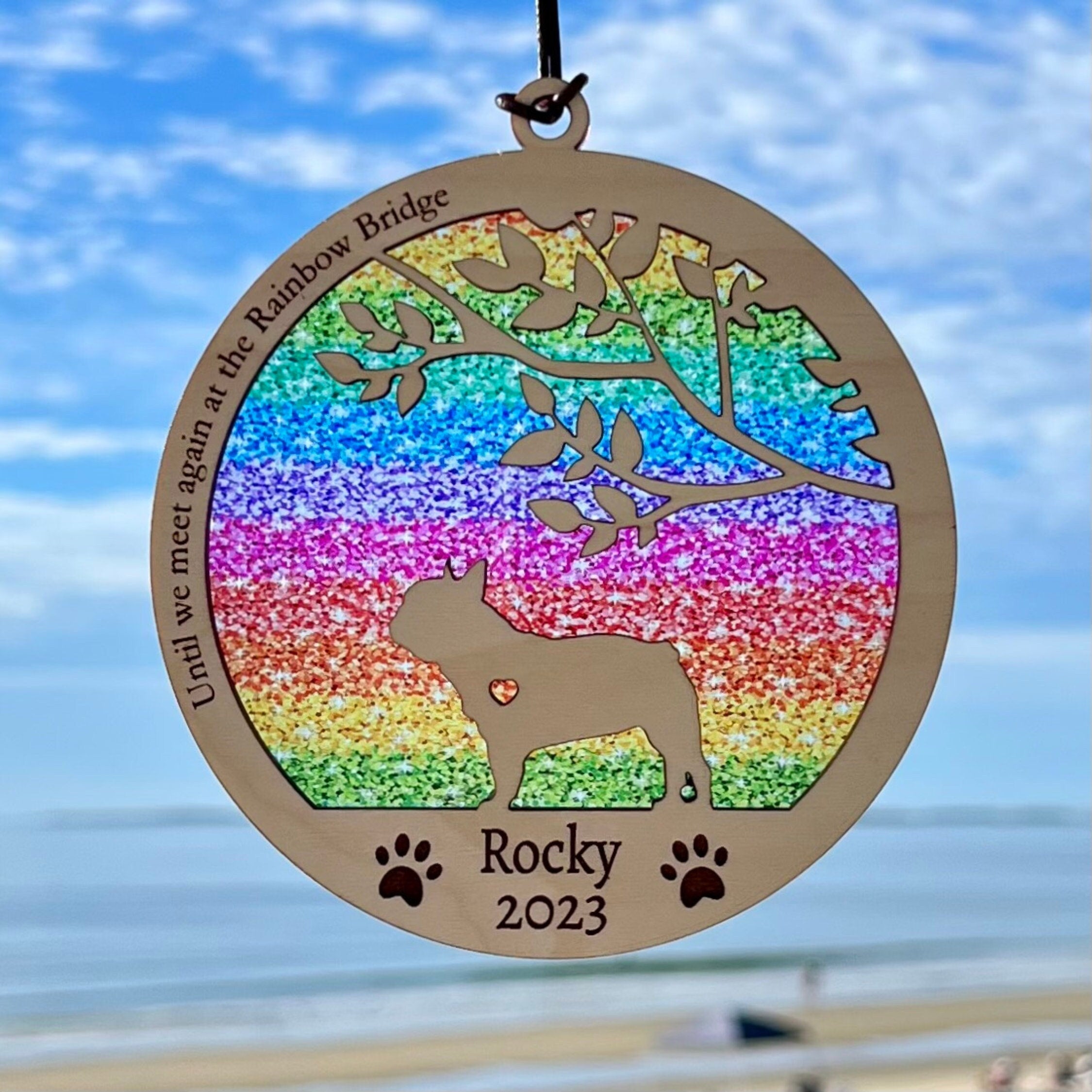 Dog Memorial Suncatcher, Rainbow Bridge, Personalized with dog breed, name and date, Available in all breeds