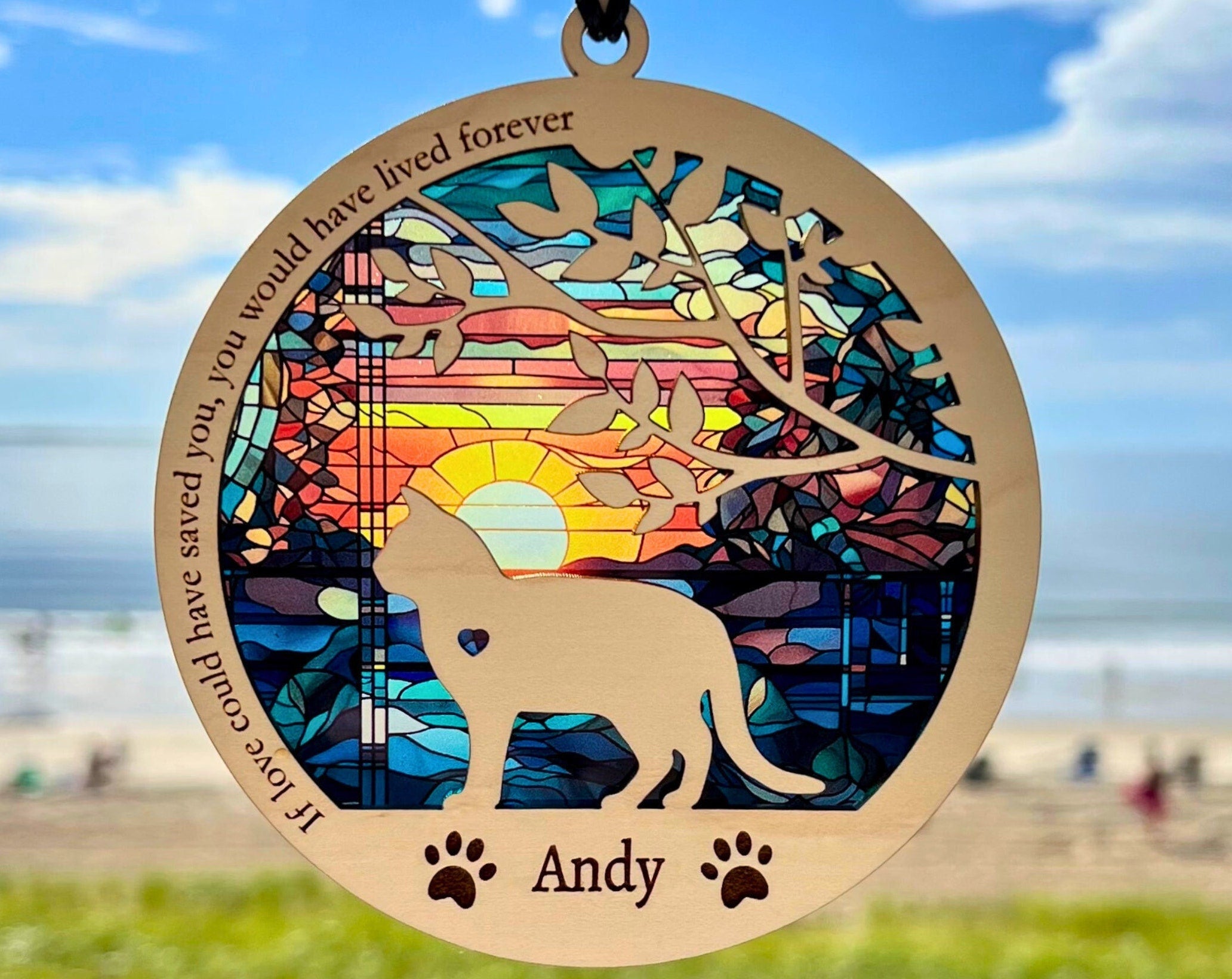 Cat Memorial Suncatcher, Personalized Sun Catcher with breed, name and date, Long Hair, Short Hair, Sunrise Background