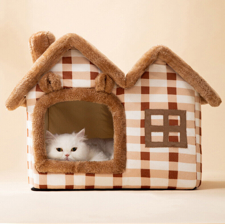 🐶Pet Dog Cat House Beds Kennel Indoor Raised Tent Cushion Mat Double Roof House