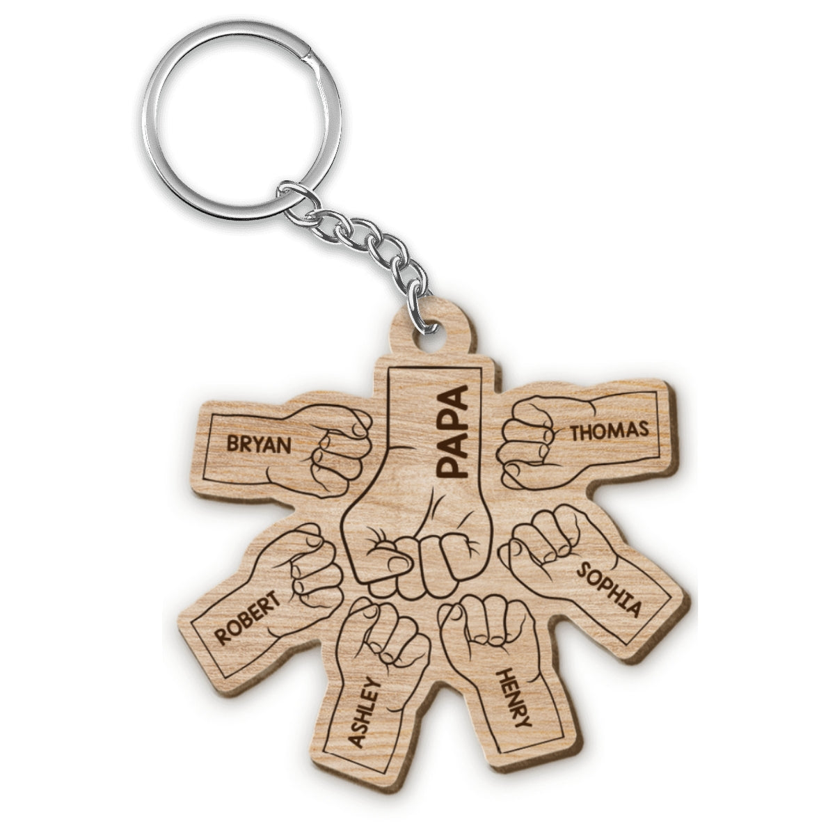 Dad Grandpa And Kids Fist Bump Hands Wooden Keychain